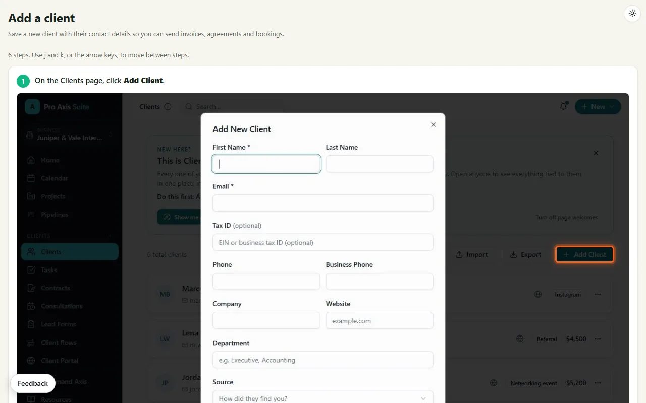 Atlas Axis guide called Add a client for a fictional interior design studio, with step 1 and the Add Client button boxed in orange.