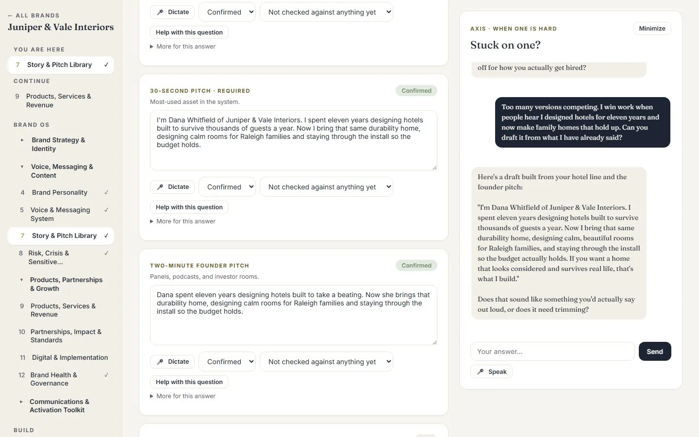 Brand Axis Story and Pitch Library module for a fictional interior design studio, with confirmed pitch answers on the left and Axis drafting a 30-second pitch in a chat panel on the right.
