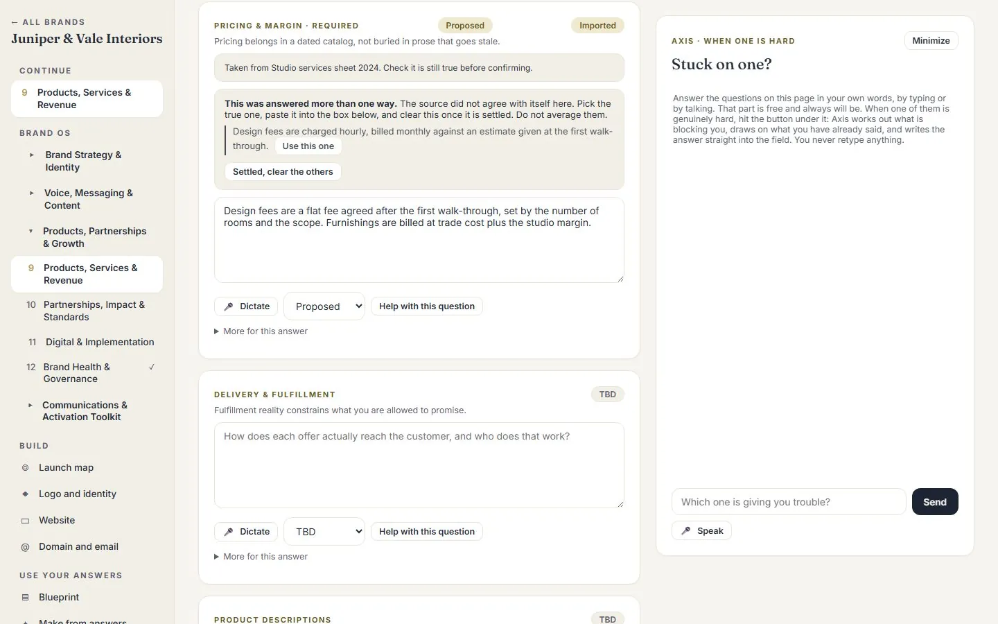 Brand Axis pricing question with an answer taken from an imported services sheet and a highlighted note showing a second, conflicting answer to choose between.