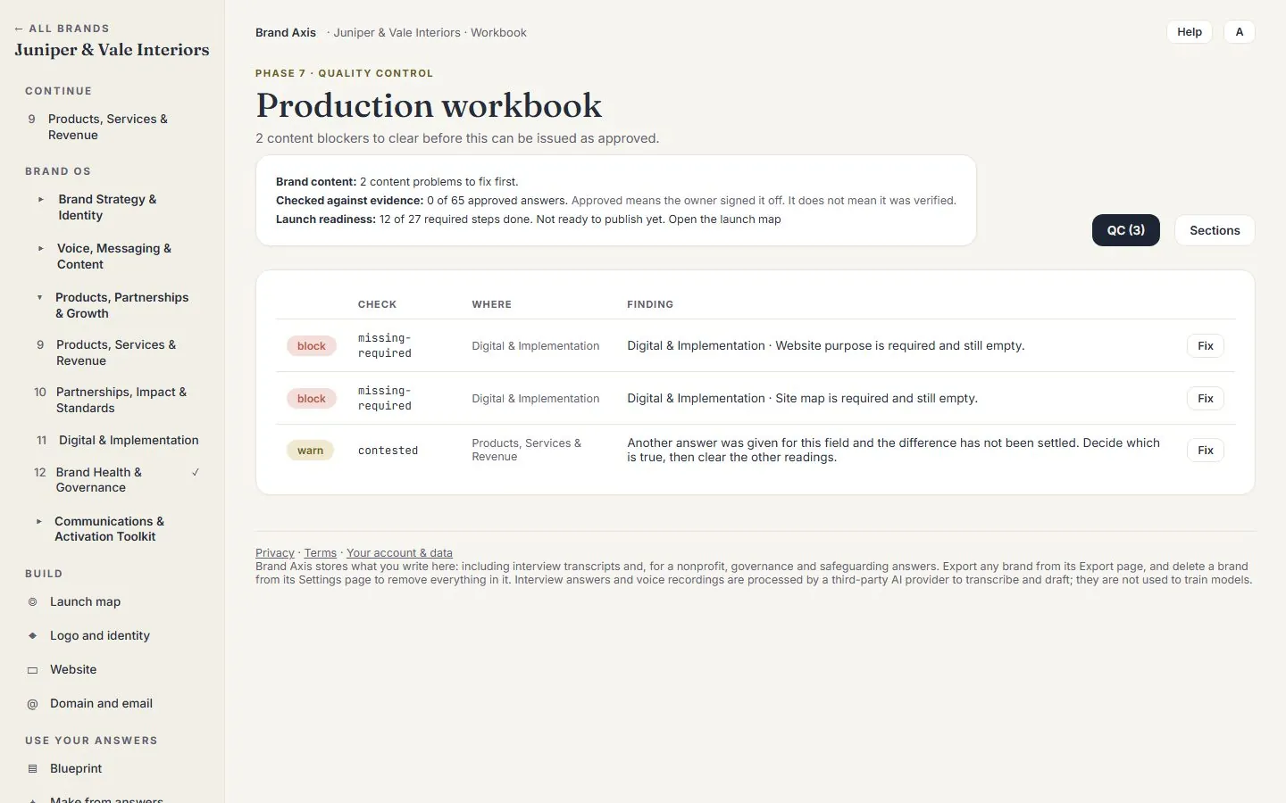 Brand Axis production workbook listing two blockers for required website answers still empty and one warning for an unsettled disagreement about pricing.