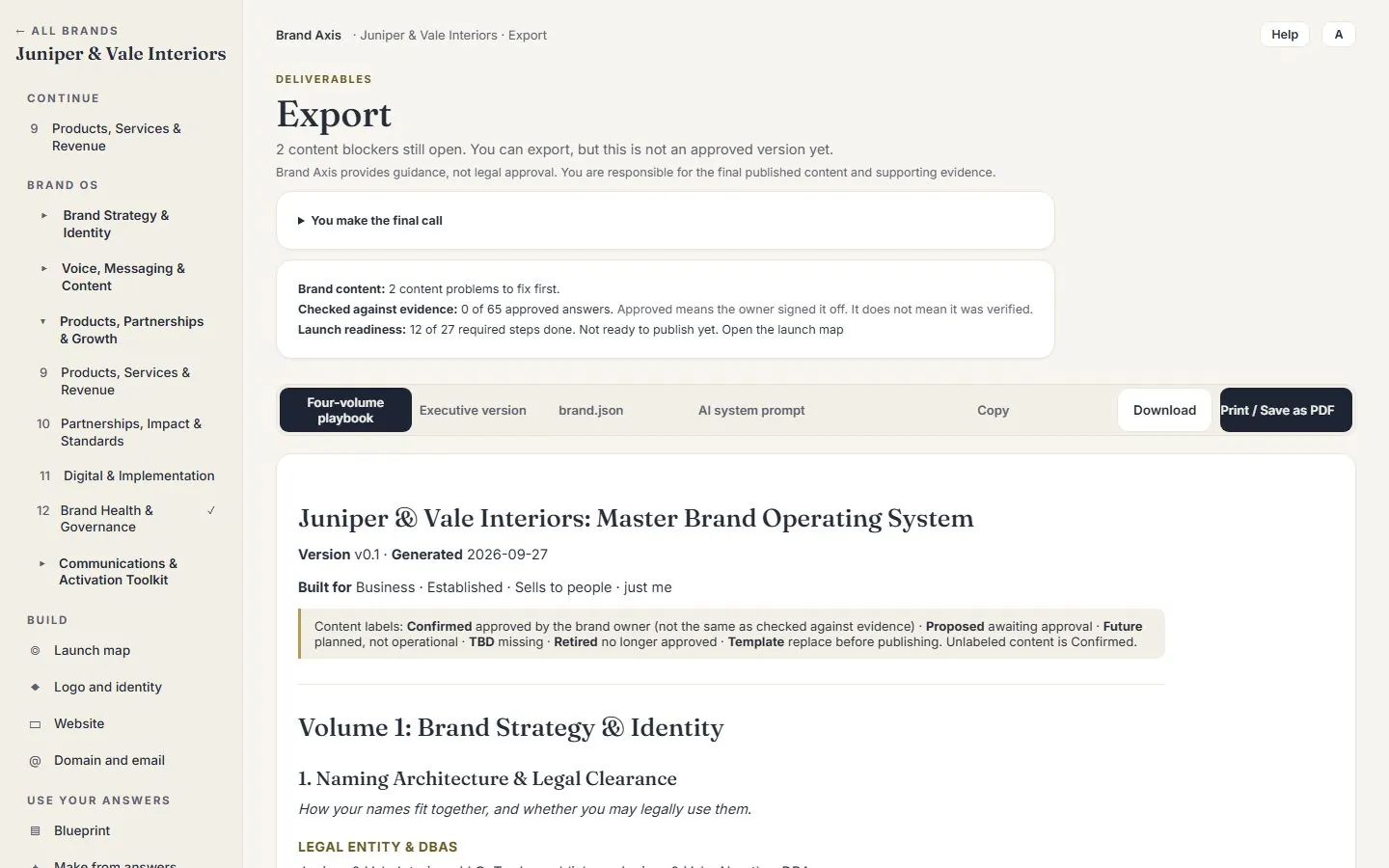Brand Axis export page with tabs for the playbook, executive version, brand.json and AI system prompt, showing the start of the playbook for a fictional studio.