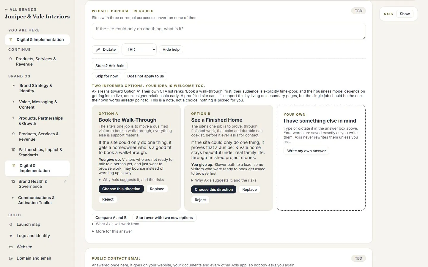Brand Axis website purpose question for a fictional interior design studio, showing Option A, Book the Walk-Through, and Option B, See a Finished Home, each with its tradeoff, beside a card for writing your own answer.