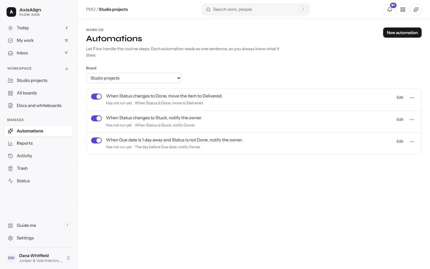 Flow Axis Automations page with three automations: move done items to Delivered, notify the owner when stuck, and remind the day before a due date.