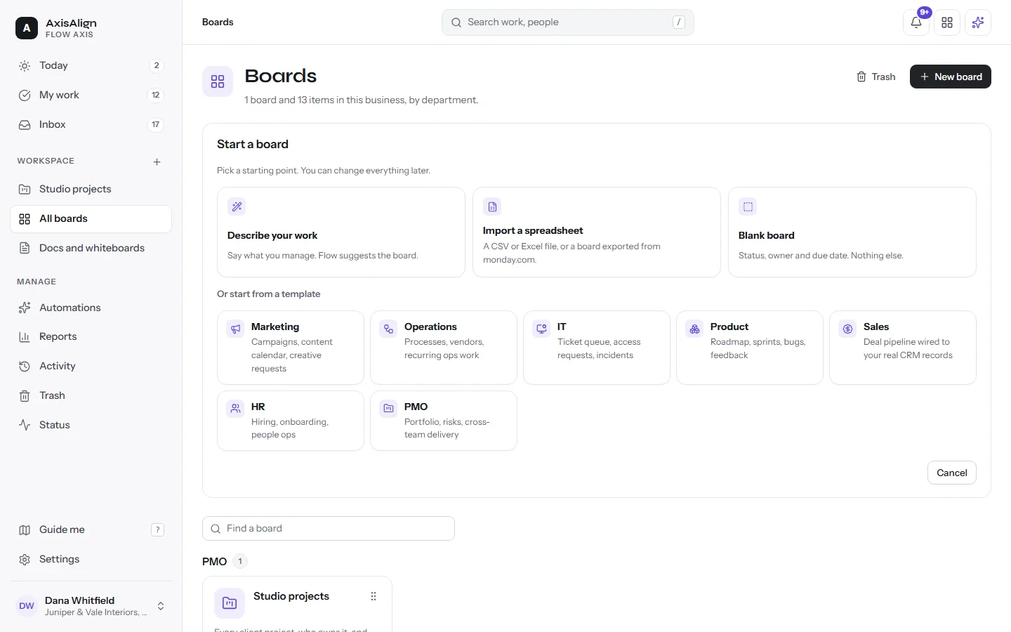 Flow Axis new board dialog with options to describe your work, import a spreadsheet or monday.com export, start blank, or pick a team template.