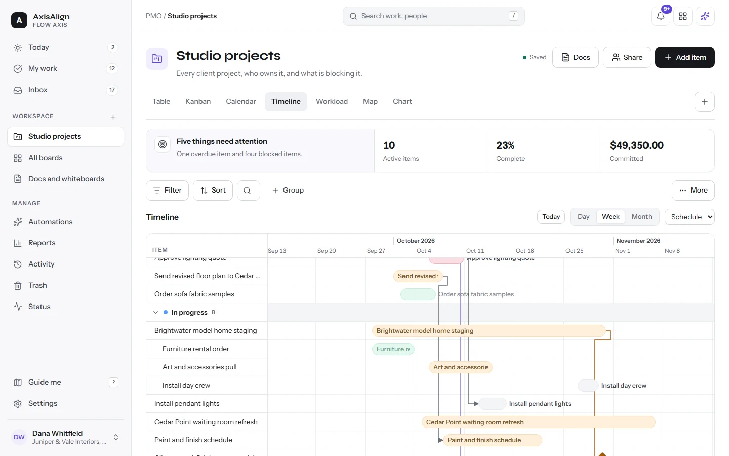 Flow Axis timeline for Studio projects with bars for each project, subitems, dependency arrows and a client reveal milestone.