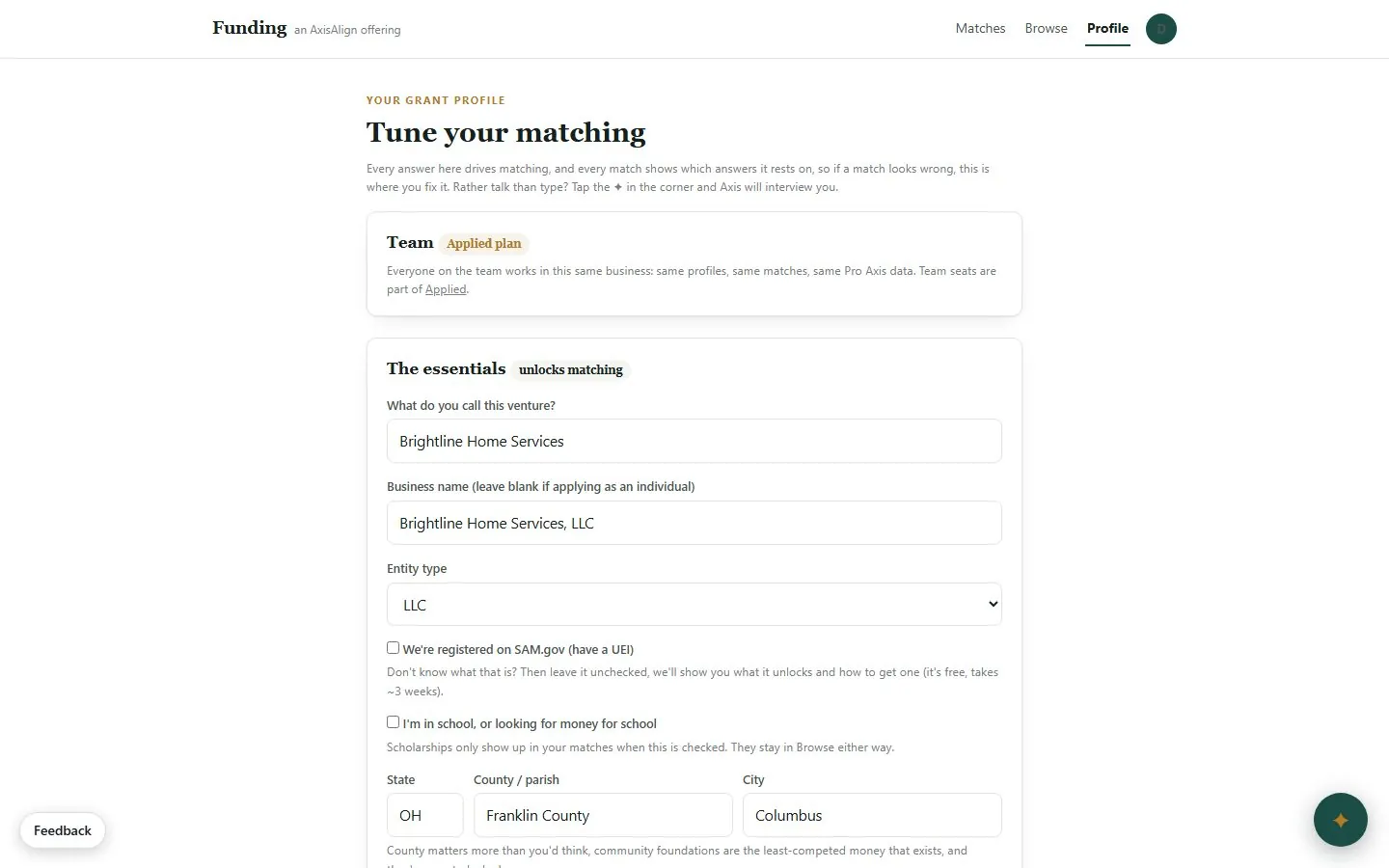 Funding profile form for Brightline Home Services, an LLC in Franklin County, Columbus, Ohio, with its entity type, SAM.gov status and location filled in.