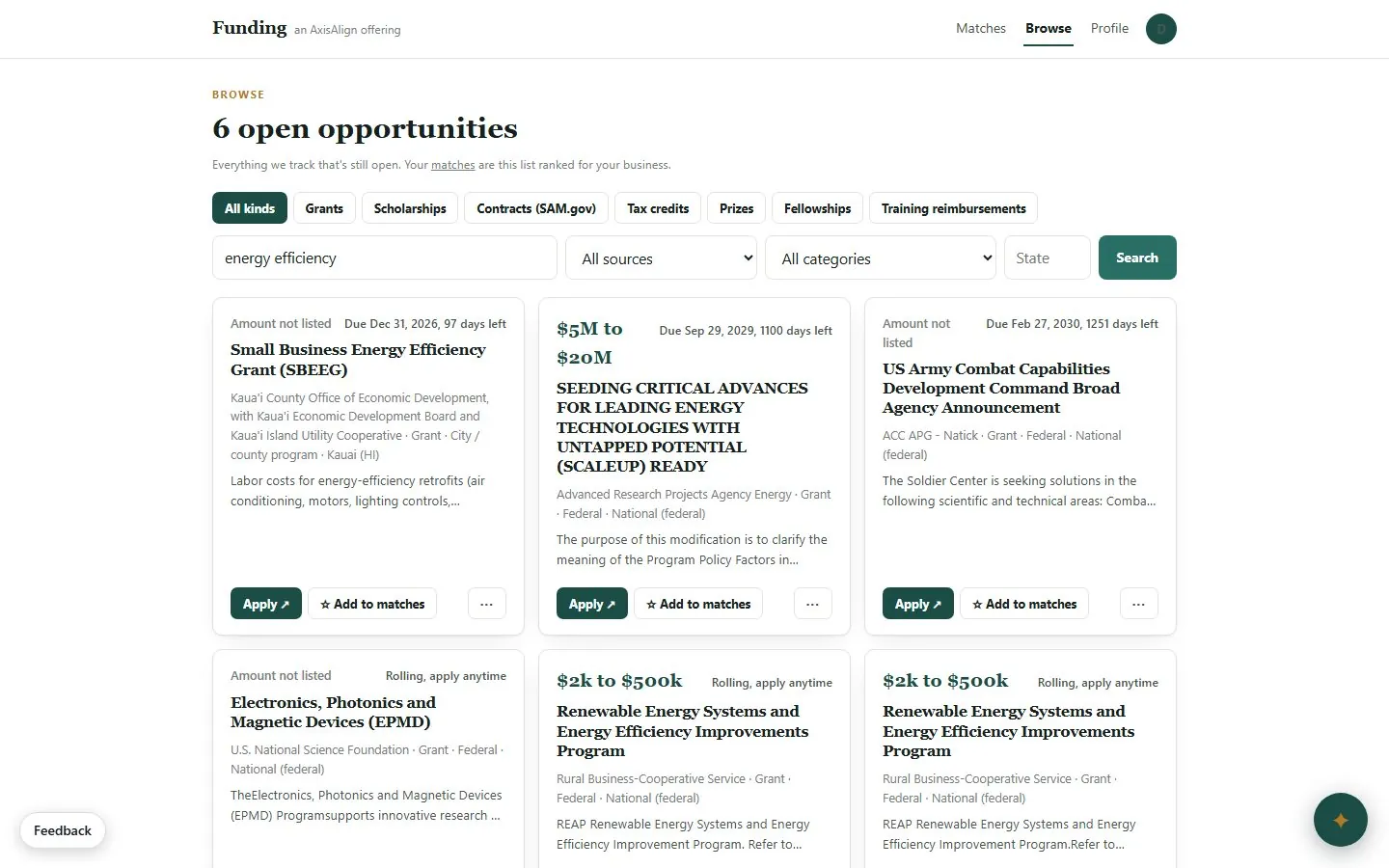Funding catalogue searched for energy efficiency, showing six open opportunities with award ranges, due dates and Add to matches buttons.