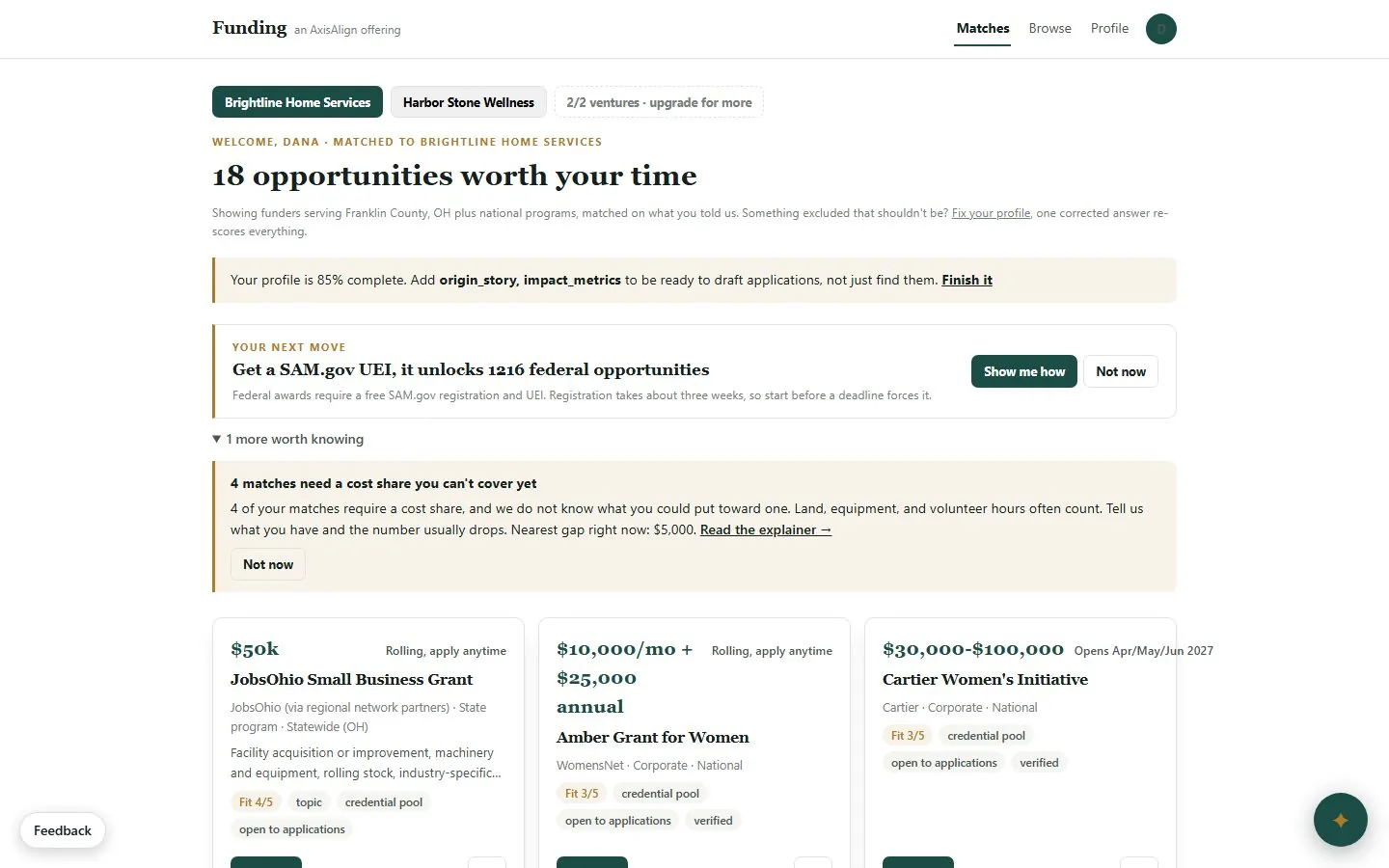 Funding matches page for Brightline Home Services with 18 opportunities, a Your next move card saying a SAM.gov UEI unlocks 1216 federal opportunities, and a note that 4 matches need a cost share.