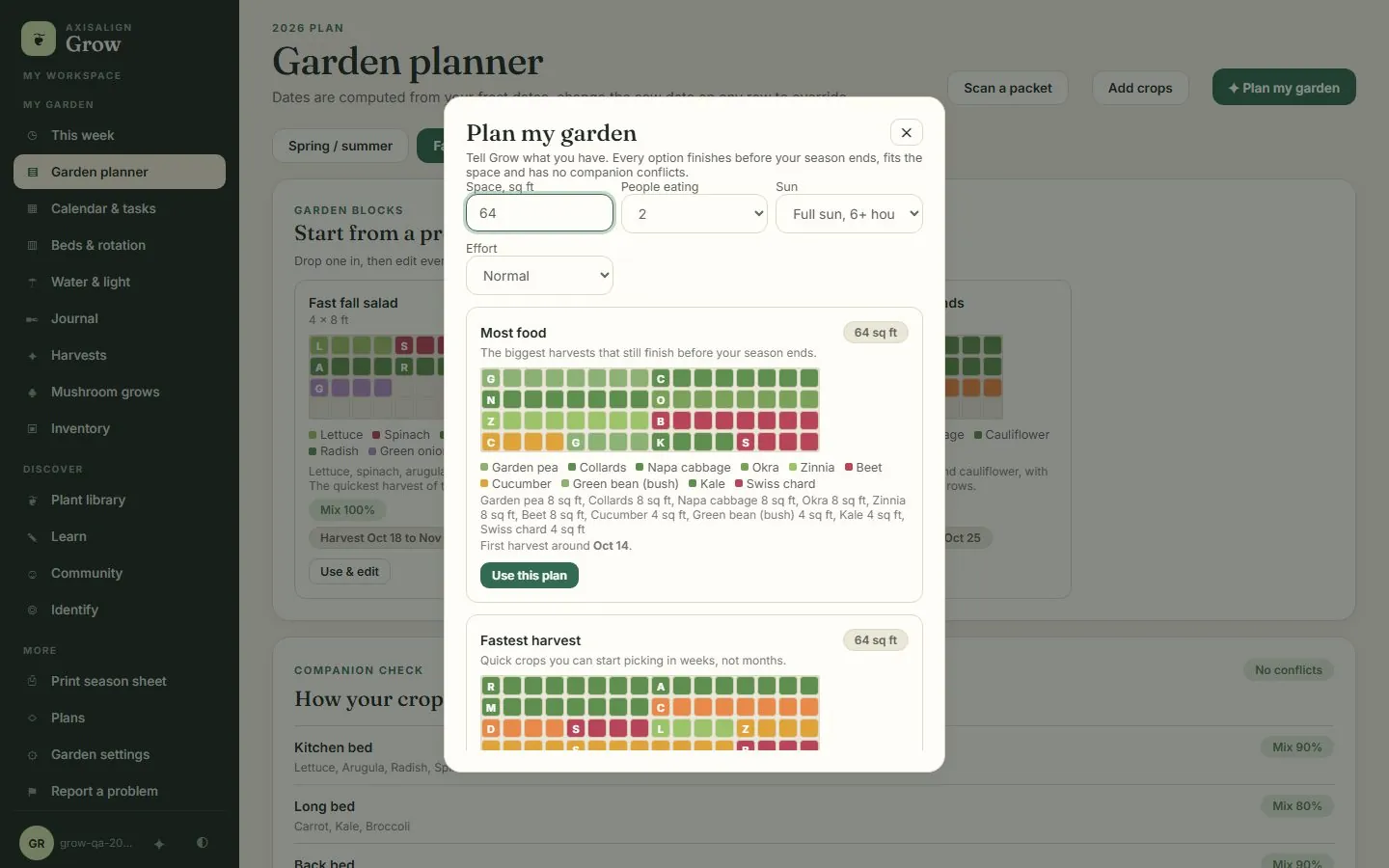 Plan my garden window with space, people, sun and effort choices above a Most food plan drawn as a square-foot bed with its crops and first harvest date.
