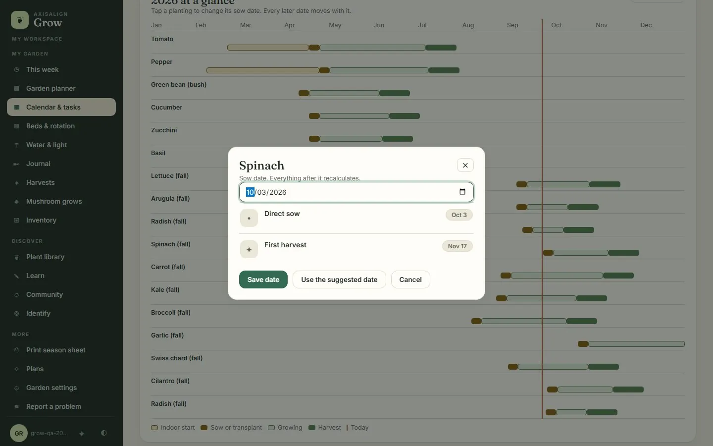 Season timeline of every planting with a Spinach window open, the sow date changed to October 3 and the first harvest recalculated to November 17.