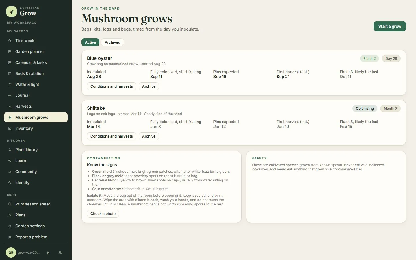 Mushroom grows page with a blue oyster grow bag and a shiitake log, each showing inoculation, colonization, pinning, first harvest and last flush dates.