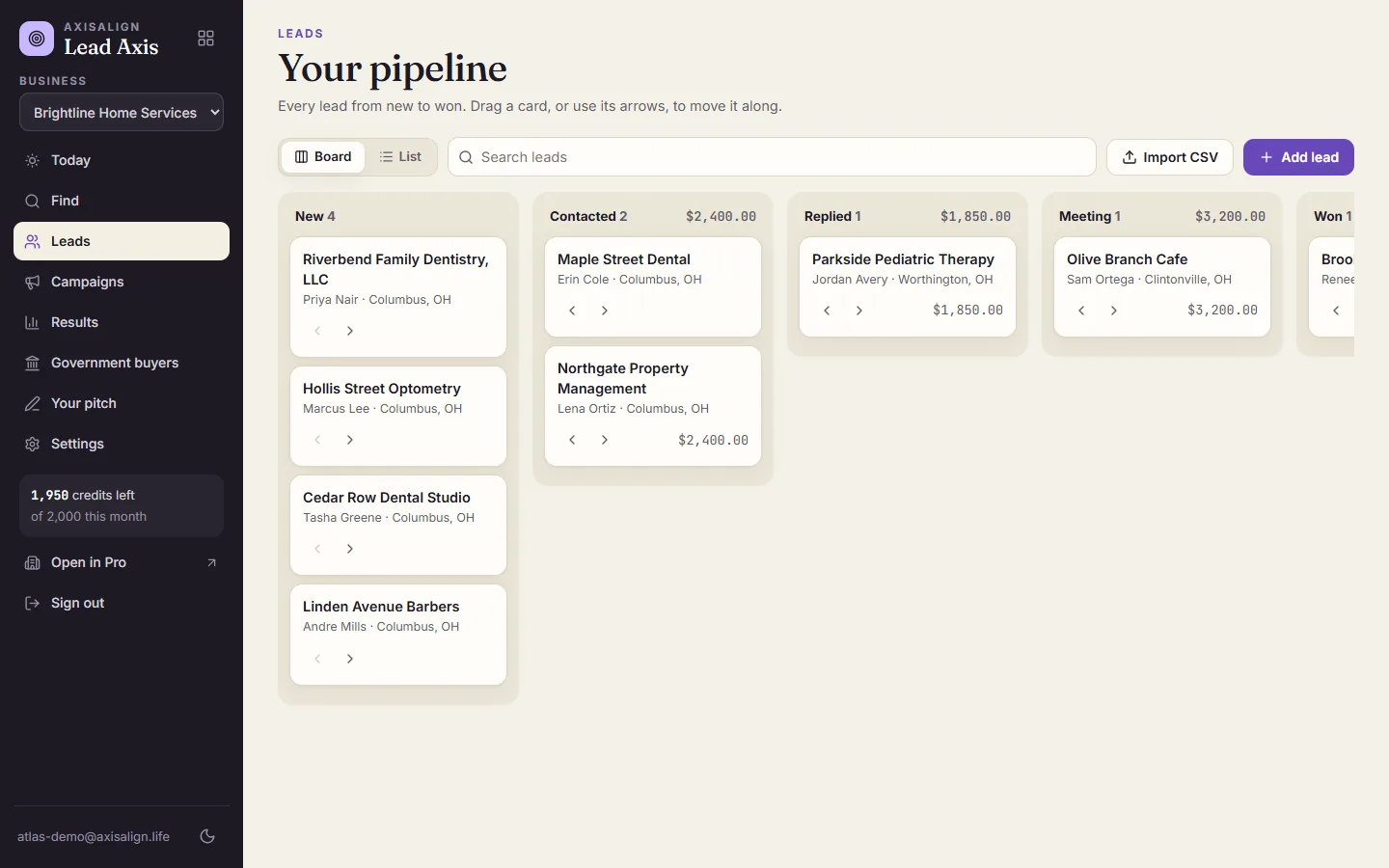 Lead Axis pipeline board with fictional businesses in New, Contacted, Replied, Meeting and Won.