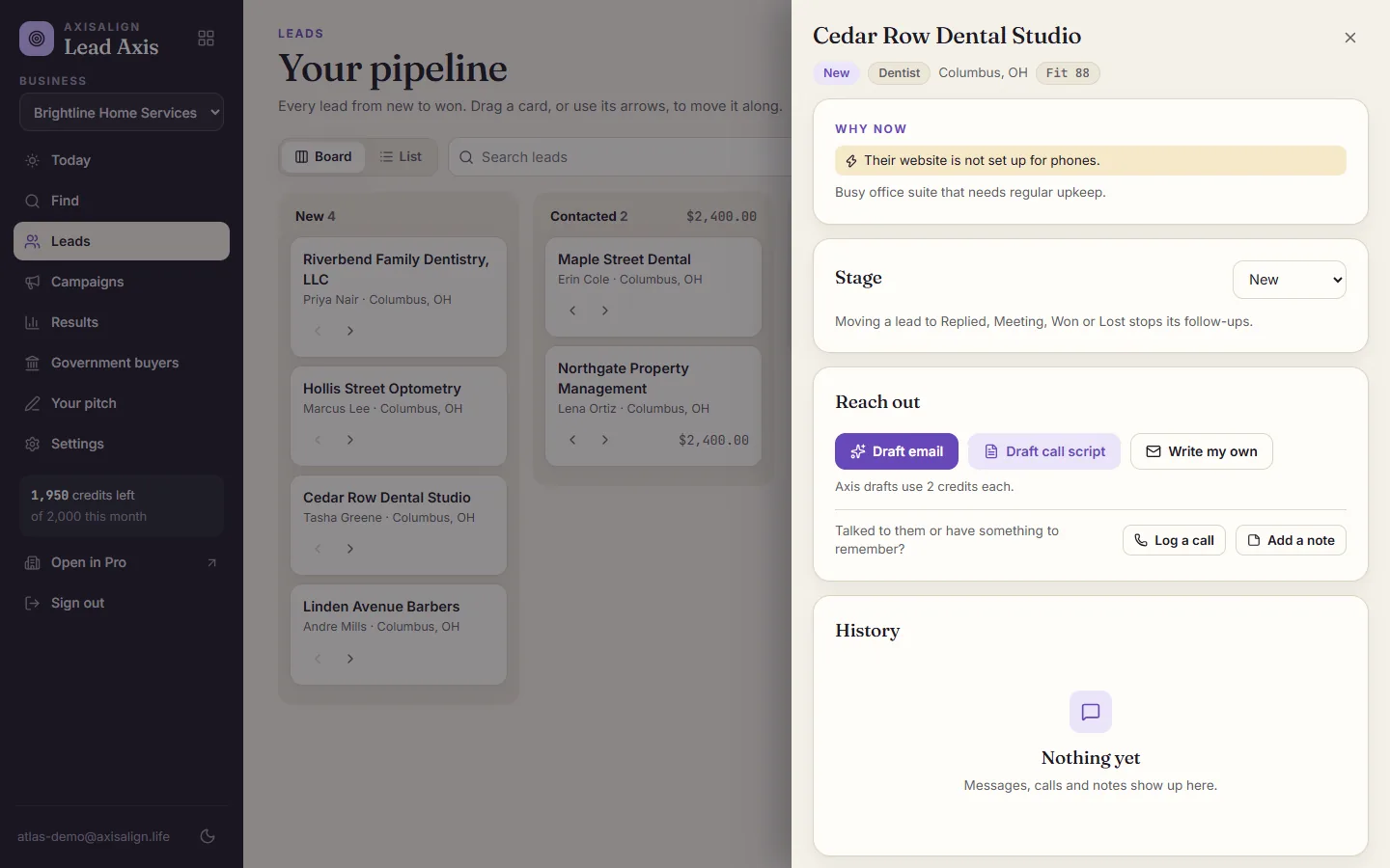 Lead Axis lead details for a fictional dental studio, with the reason to reach out today and buttons to draft an email or a call script.