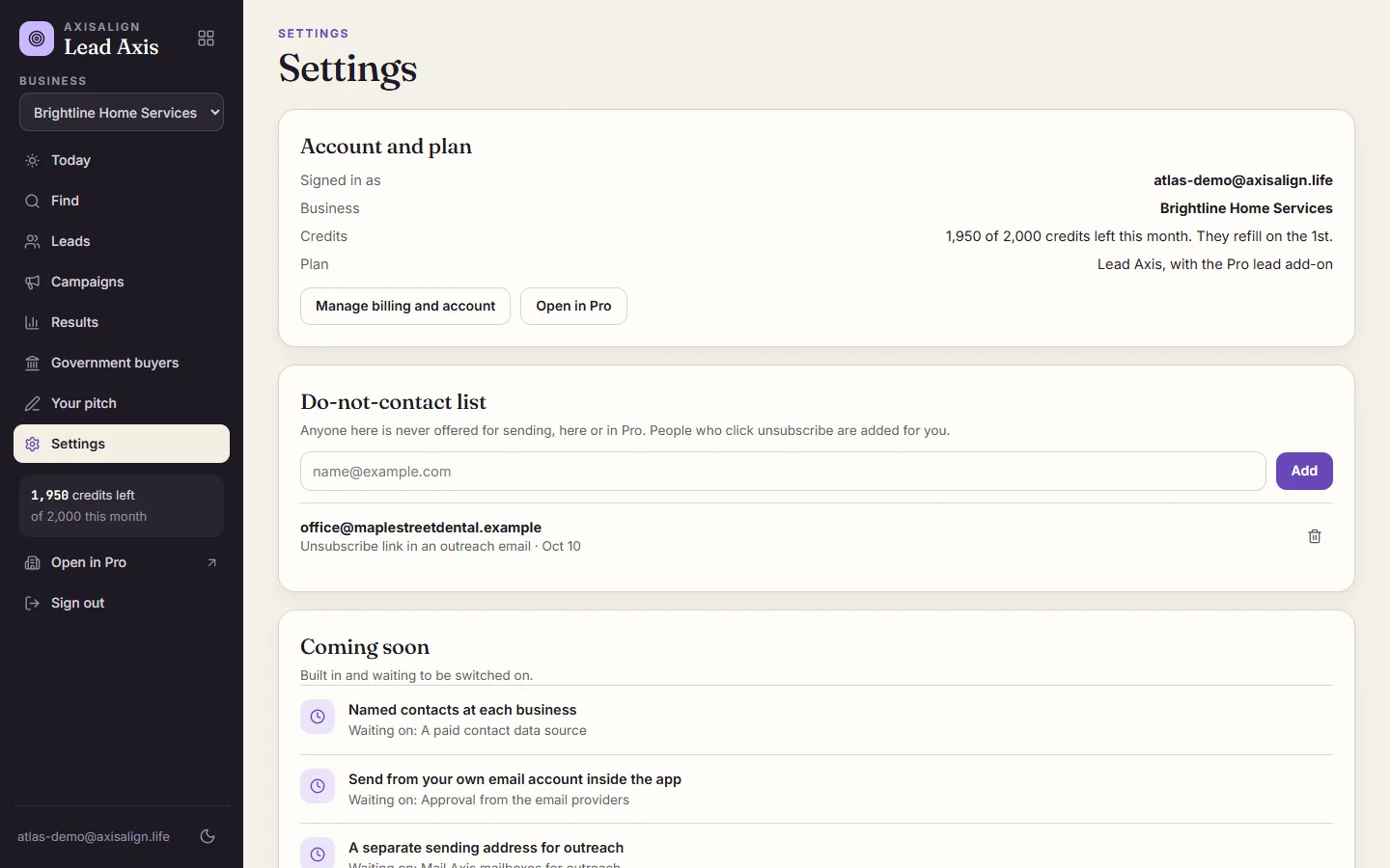 Lead Axis settings with credits, the do-not-contact list and the coming soon list.