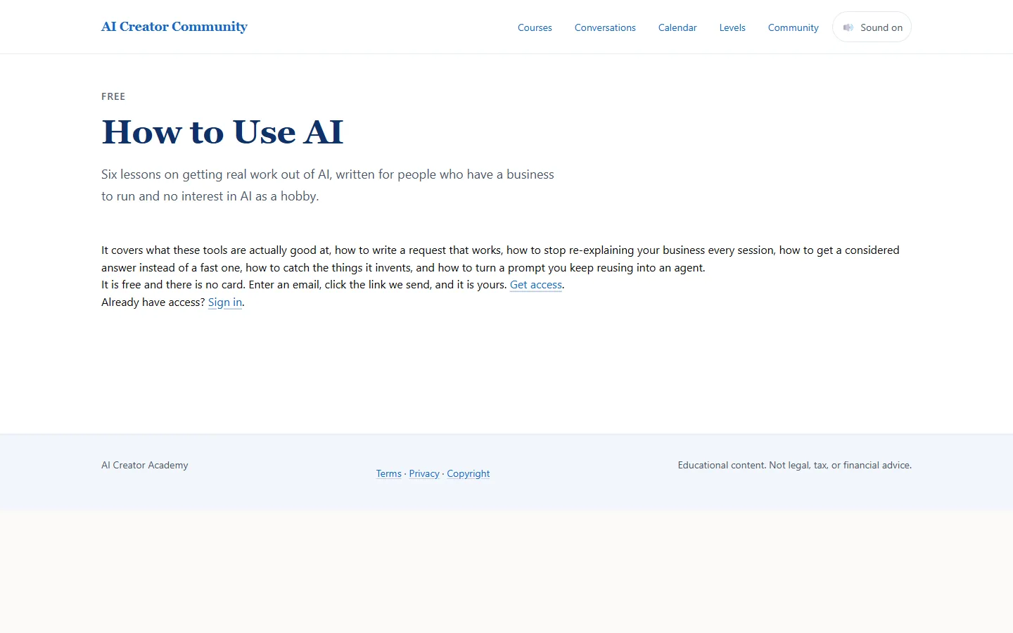 Learn Axis How to Use AI page: a free course of six lessons, with Get access and Sign in links.
