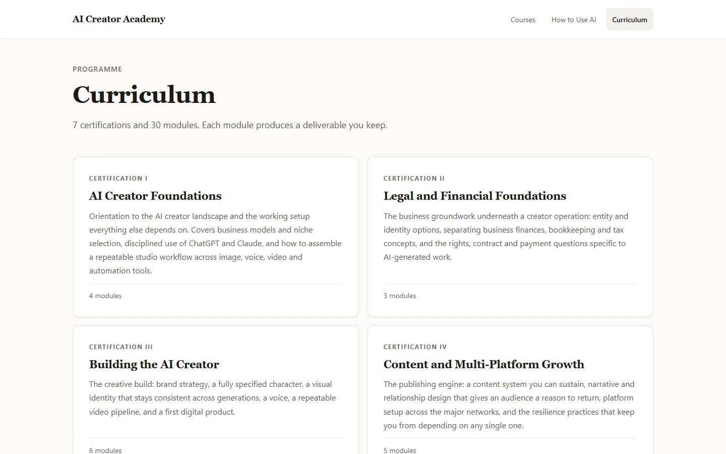 Learn Axis Curriculum page with Certification I, AI Creator Foundations, and Certification II, Legal and Financial Foundations, among others.