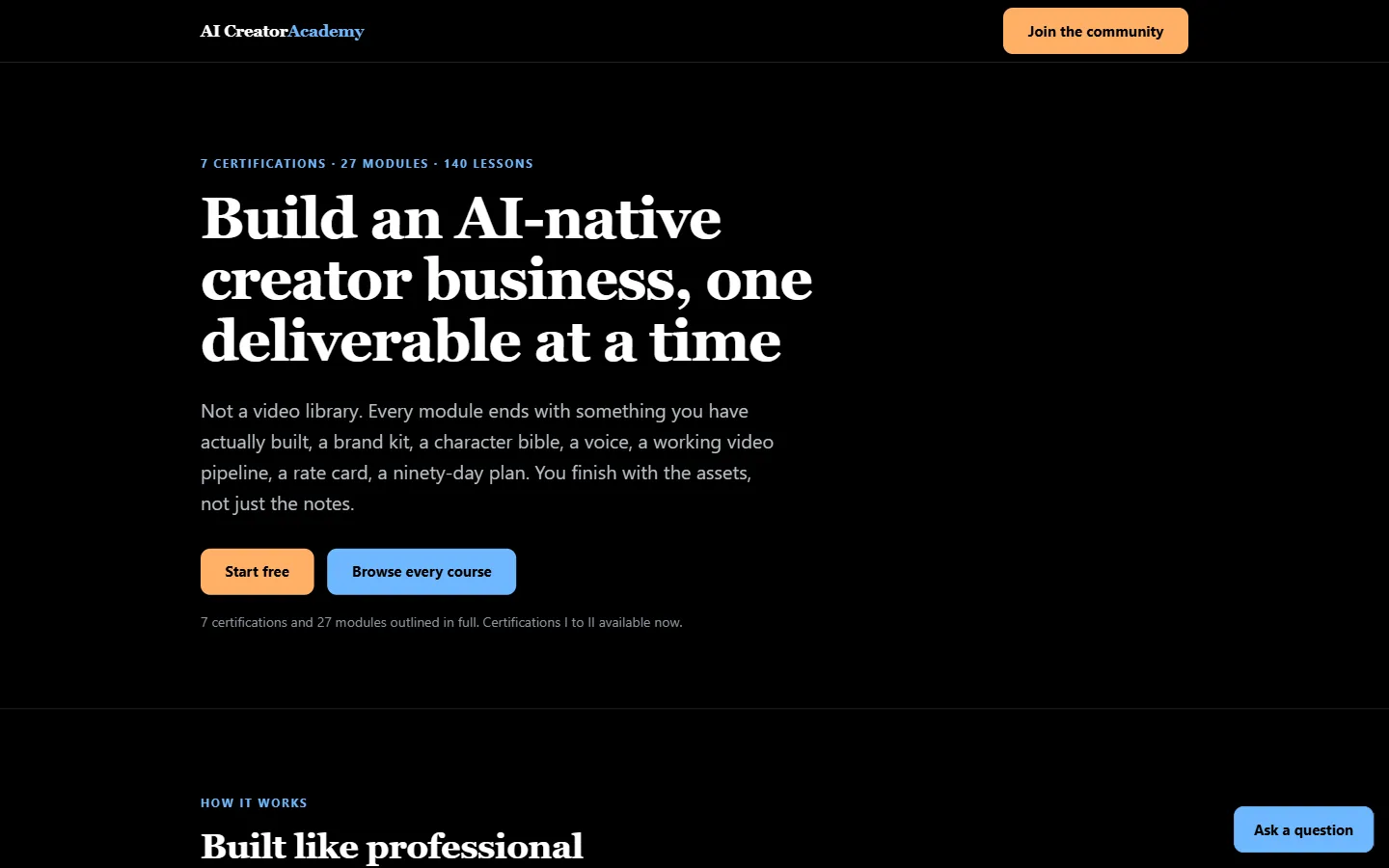 Learn Axis home page: seven certifications, 27 modules and 140 lessons, with buttons to start free or browse every course.