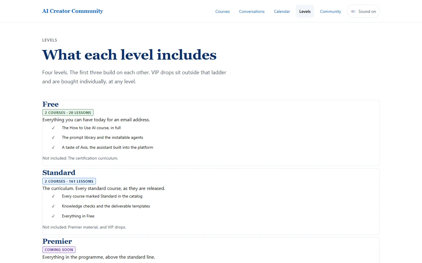 Learn Axis Levels page: Free includes the How to Use AI course, the prompt library and the agents; Standard adds the curriculum; Premier is coming soon.