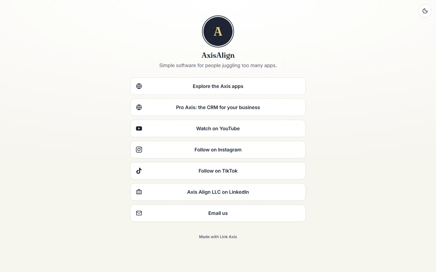 Link Axis page for AxisAlign in the light version, with buttons for the apps, Pro Axis, YouTube, Instagram, TikTok, LinkedIn and email.