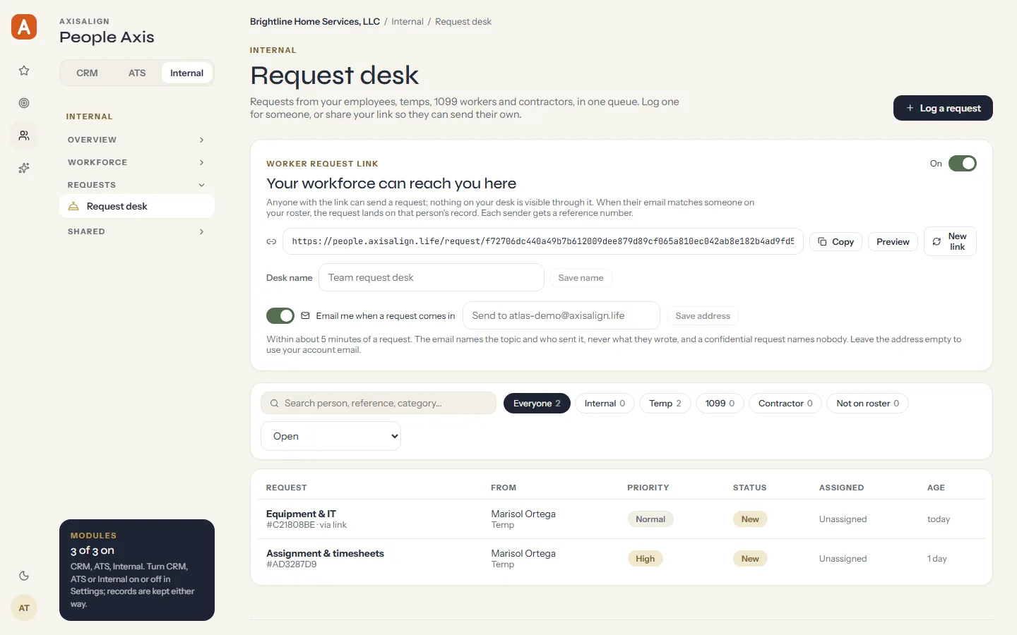 People Axis request desk with the worker request link switched on, email alerts and open requests from a temp.