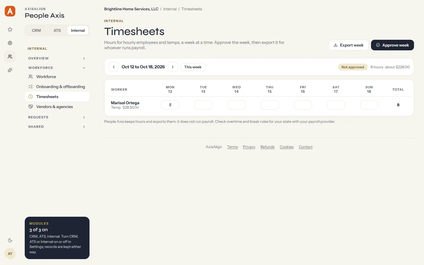 People Axis timesheet for a week with hours for a fictional temp and estimated pay.