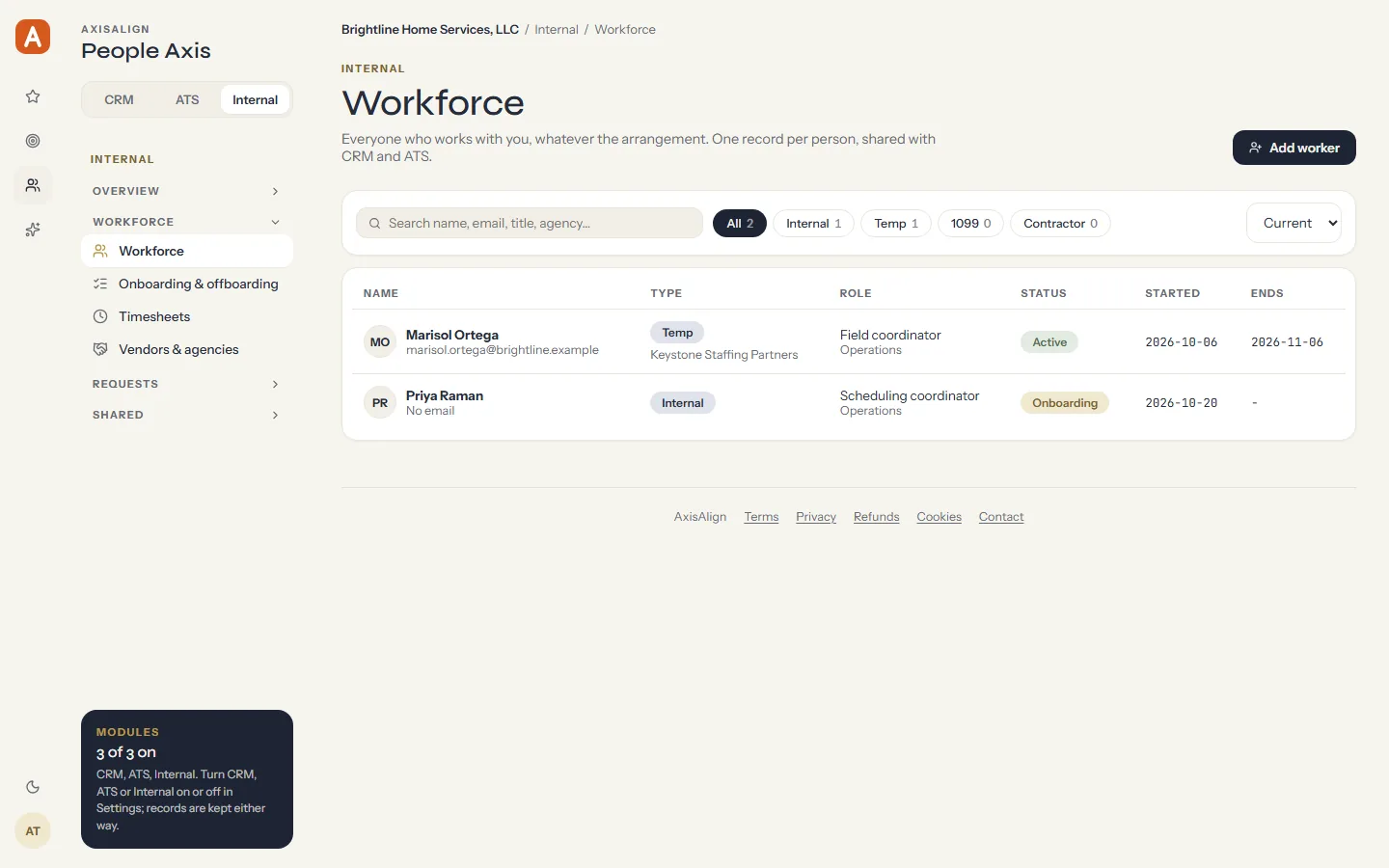 People Axis workforce roster for a fictional home services company, with an internal employee and a temp placed by a staffing agency.