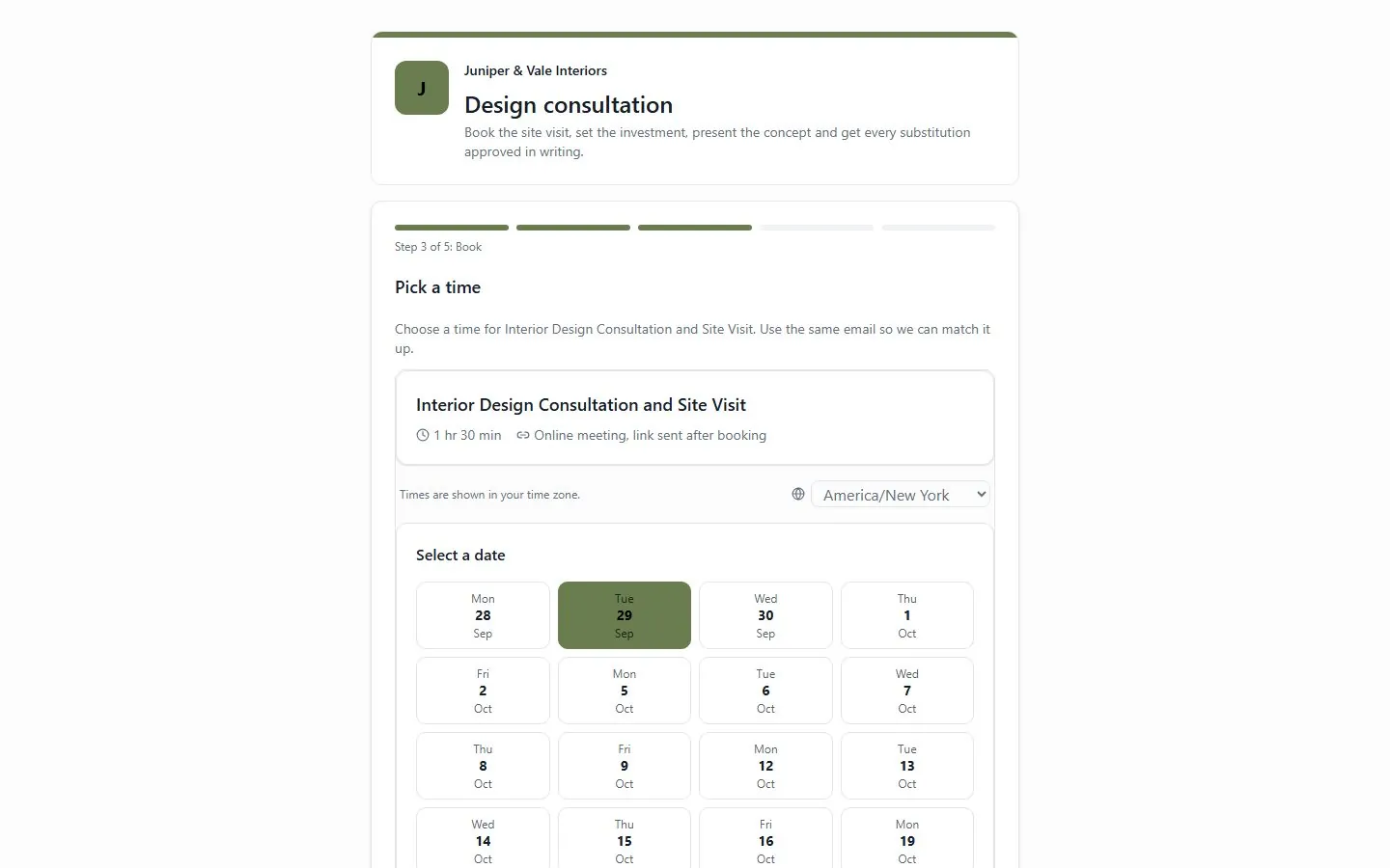 Juniper & Vale Interiors client flow on step 3 of 5, with a calendar of open dates and Tuesday 29 September selected.