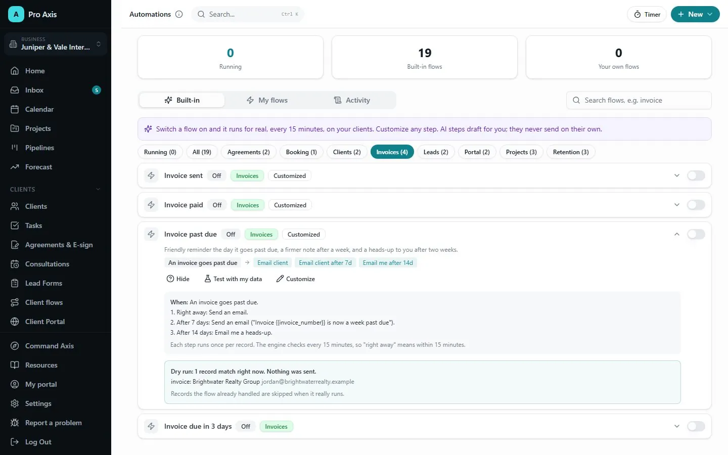 Automations page with the Invoice past due flow expanded, showing its steps in plain words and a dry run result that says nothing was sent.