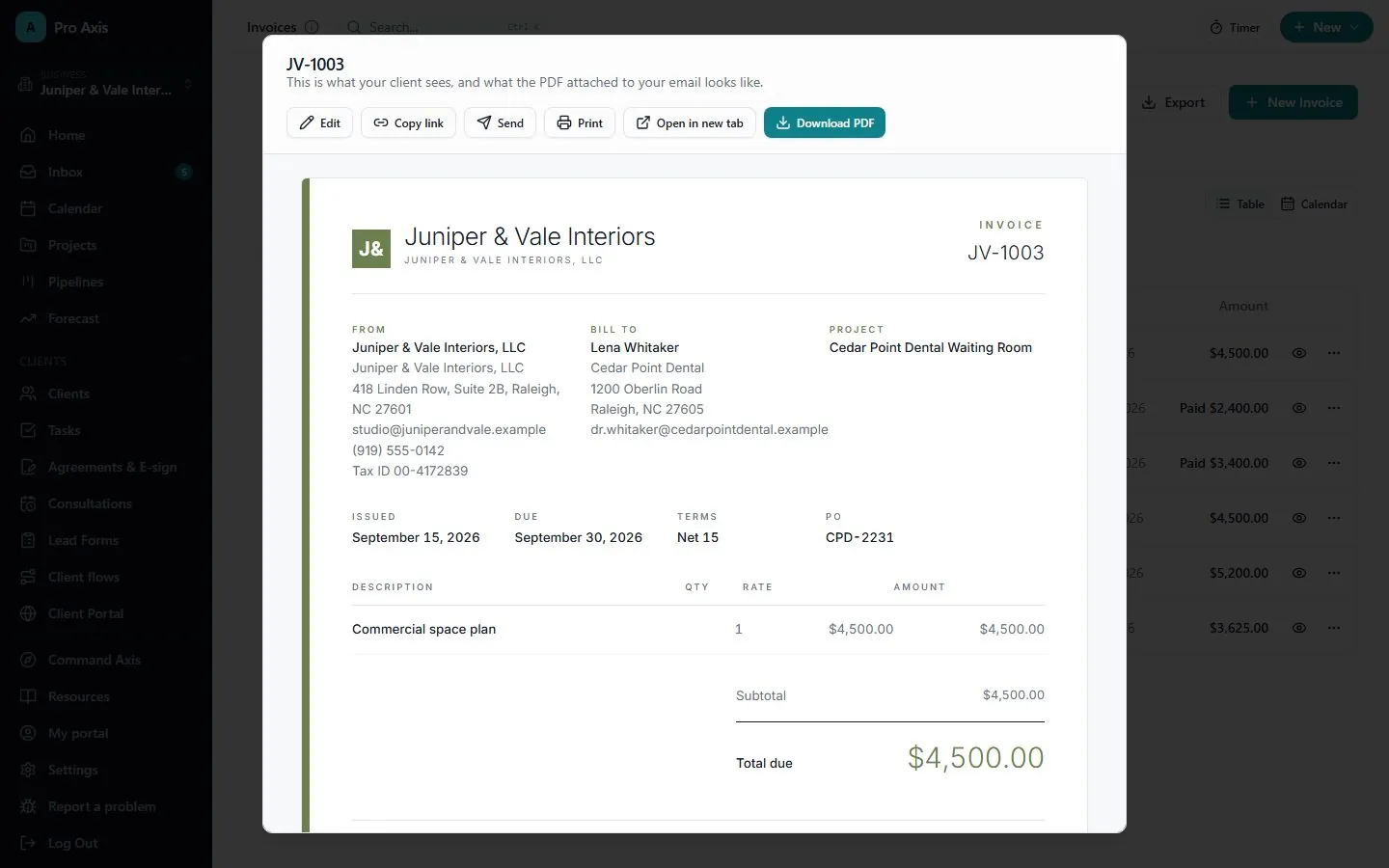 Invoice JV-1003 preview for Juniper & Vale Interiors with buttons to copy the link, send, print and download the PDF.