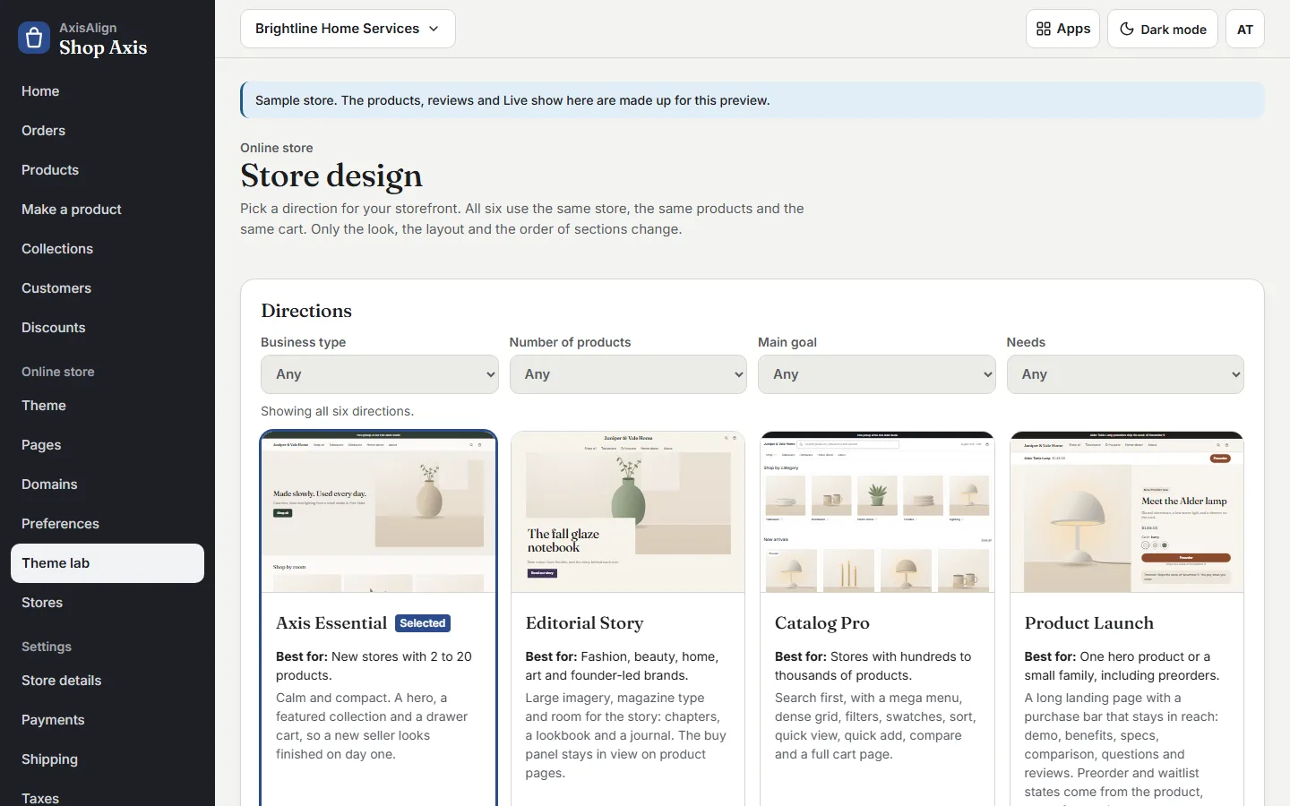 Shop Axis Store design page showing four storefront directions for a sample store.
